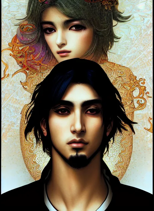 Image similar to beautiful medium shot portrait of a young arabic man inspired by ayami kojima with short hair dressed with a white t - shirt looking into the camera from three - quarters, white background white bank studio light, art by yoshitaka amano, alfons mucha, final fantasy, high quality, 8 k