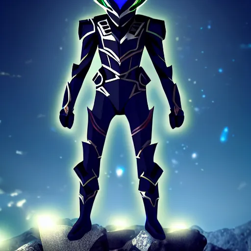 Prompt: High Fantasy Kamen Rider standing in a rock quarry, single character full body, 4k, glowing eyes, daytime, rubber suit, dark blue armor, segmented armor, centered