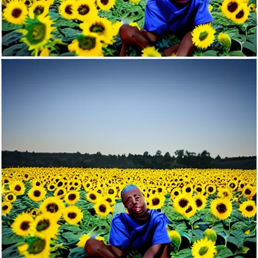 Prompt: tyler, the creator sitting in the middle of a sunflower field, photography, photoshoot, color grading, photojournalism, dslr, instax, warm color palette, colorful, tonal colors, complimentary - colors, triadic - colors, happy, sad, angelic, good, infused, feng shui, soft body, cloth, plant, flowers, floral, by claude monet