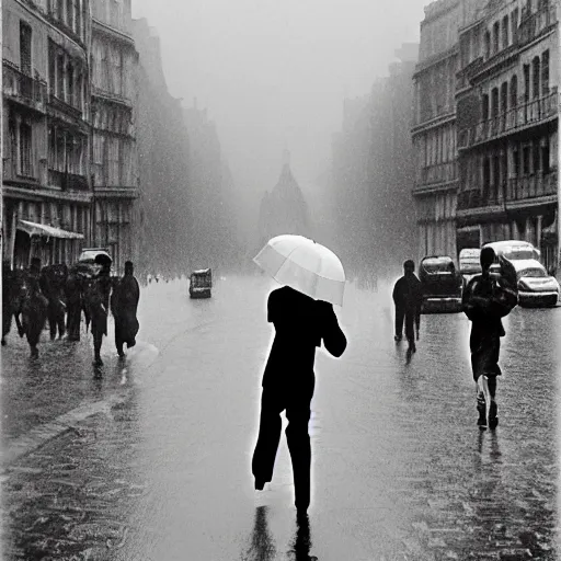 Image similar to the man leaping with an umbrella in a raining paris street, by henri cartier bresson,