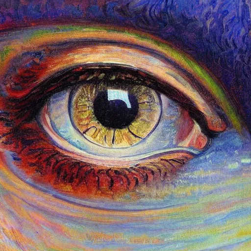 Image similar to highly detailed painting, intricate deep focus, smooth lighting, of a feminine eye by magalie villeneuve and claude monet