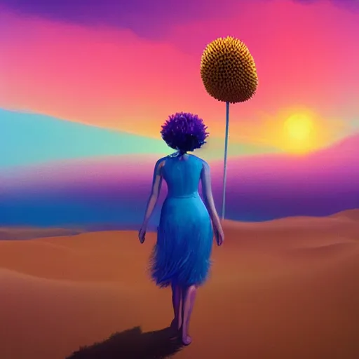 Image similar to closeup giant dahlia flower head, girl walking between dunes, surreal photography, sunrise, blue sky, dramatic light, impressionist painting, digital painting, artstation, simon stalenhag