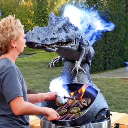 Prompt: photo of a chef roasting a realistic dinosaur on a grill