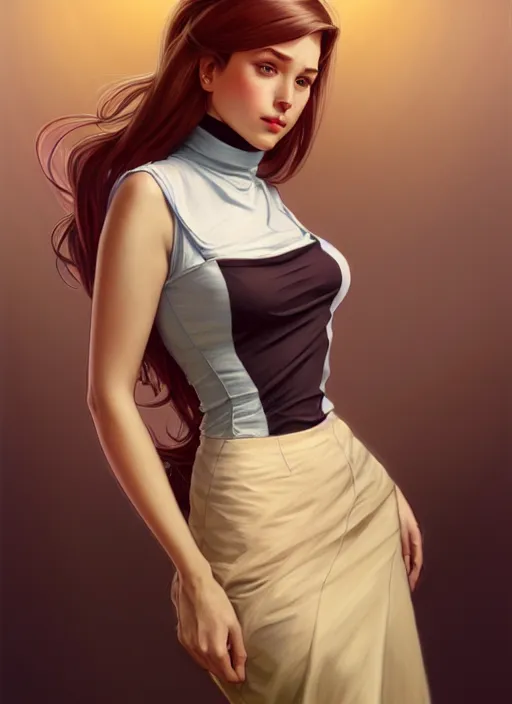 Image similar to portrait of a full body of beautiful young female secretary, d & d, sleeveless turtleneck, pencil skirt, fantasy, flat lighting, intricate, highly detailed, digital painting, artstation, concept art, smooth, sharp focus, illustration, art by simon bisley and greg rutkowski and alphonse mucha, natural tpose