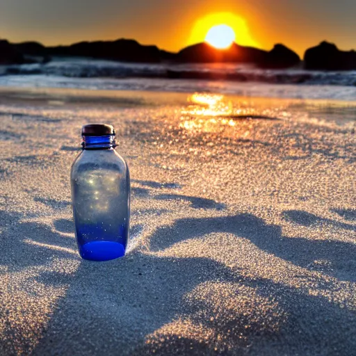 Image similar to a photo of a galaxy in a water bottle on the beach, sunset, award winning photography, 8k