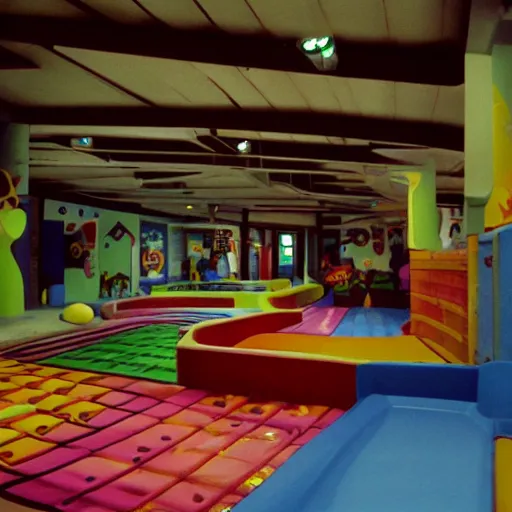 Image similar to Lowly-lit indoor playground from the 1990s, no people around