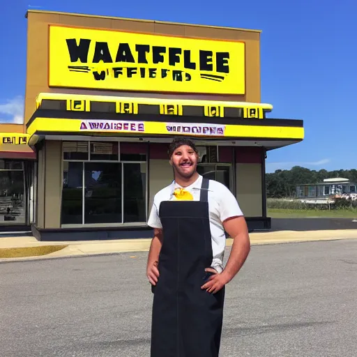 Image similar to wafflehouse employee's standing below wafflehouse sign