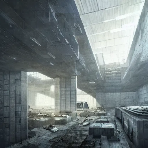 Image similar to brutalist interiori, neo militarism, eco brutalism, highly detailed, excellent composition, cinematic concept art, dramatic lighting, trending on artstation