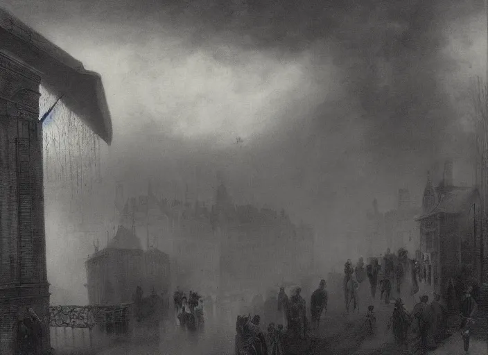 Image similar to 1 9 th century london, art by caspar david friedrich, thomas lawrence, john martin, dark, shady alleys, pub, pub sign, thick fog, coherent composition,