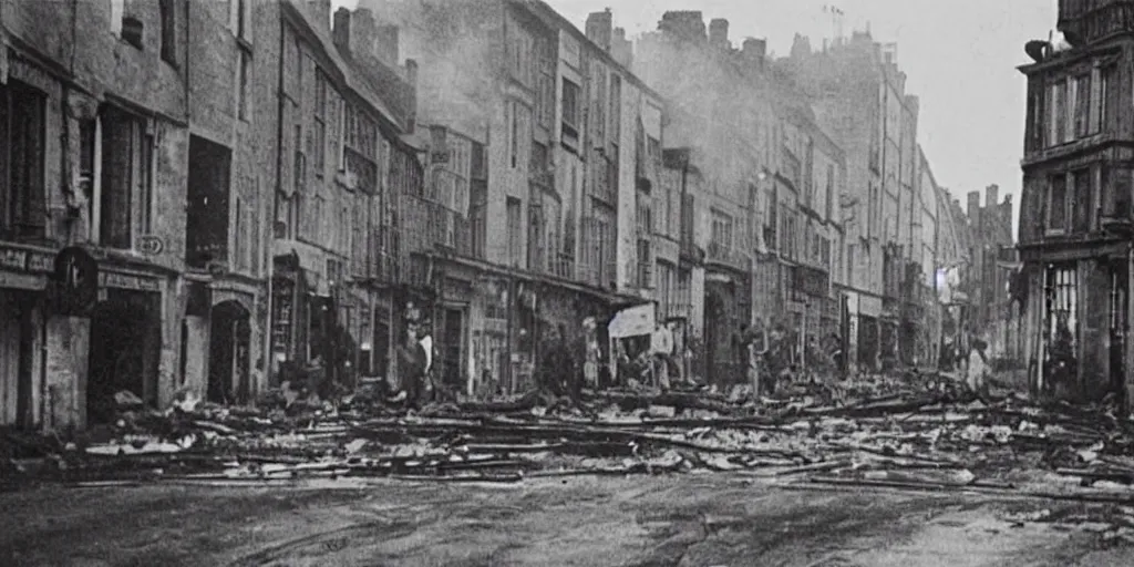 Prompt: a photo of a street of saint - malo en fire after a bombing at night in 1 9 4 5