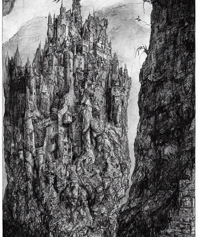 Prompt: a black and white illustration of gormenghast, a castle city on a huge rock by ian miller, john blanche, albrecht durer, gustave dore, highly detailed, storybook illustration, mordheim, surrealism, inspired by hieronymus bosch, seen from below, ink on paper