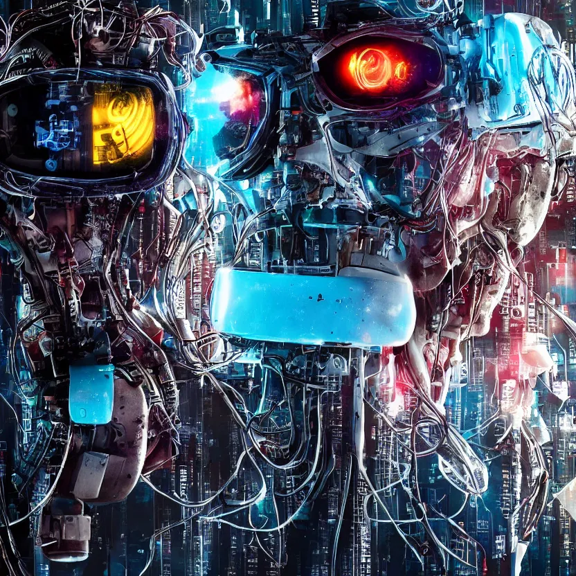 Image similar to Beautiful Photo of Arduino Uno in the robot's head. Cyberpunk. splatterpunk. 4K