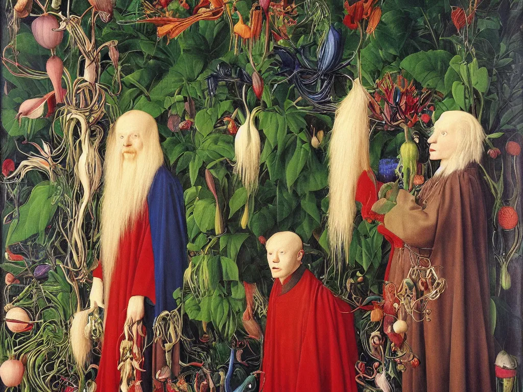 Prompt: portrait of albino mystic with blue eyes, with beautiful exotic carnivorous plant. Painting by Jan van Eyck, Audubon, Rene Magritte, Agnes Pelton, Max Ernst, Walton Ford