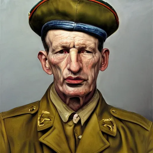 Image similar to high quality high detail painting by lucian freud, hd, exaggerated portrait of a soldier, photorealistic lighting