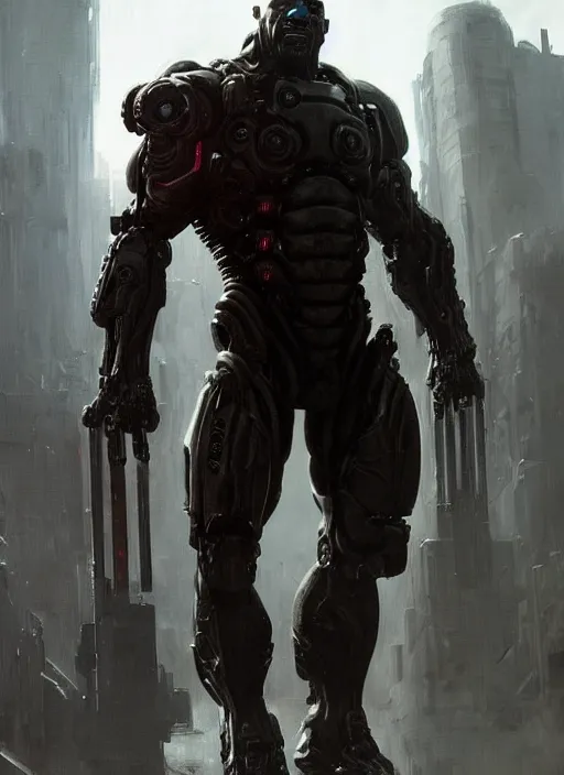 Image similar to terry crews as victor stone, full body concept, cyborg, borg, strogg, face of a man, terminator, flesh, quake strogg, doom demon, wolfenstein, monstrous, powerful, symmetry, symmetrical, concept art by ruan jia and greg rutkowski