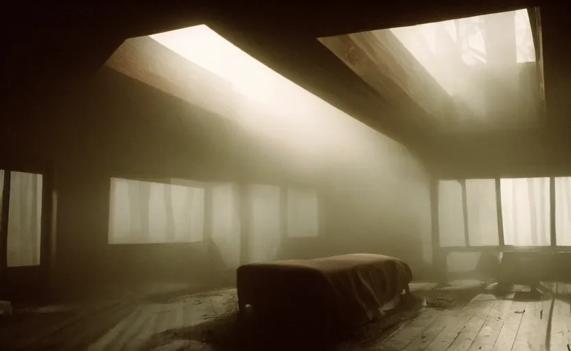 Prompt: screenshot photo low angle interior of a house built on nothing and something for the nothing underneath, scene from being john malcovich film directed by charlie kaufman ( 2 0 0 1 ), foggy volumetric light morning, moody cinematography, 2 4 mm anamorphic lens, 3 5 mm film