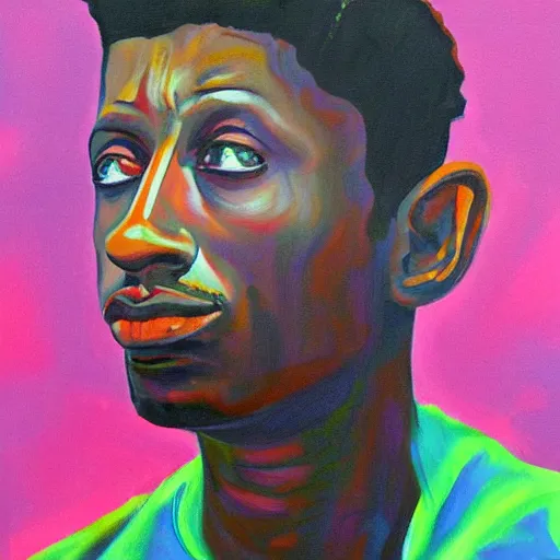 Prompt: painting of a tranquil 21 savage standing close to camera in the style of flooko, acrylic, twilight, glows, detailed,