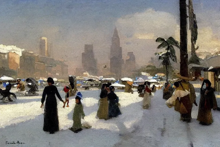 Prompt: Snow in Manila, painted by Fernando Amorsolo