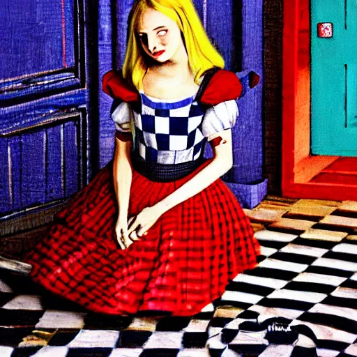 Image similar to alice in the wonderland, sitting, checkered floor, chair, blue dress, red door blonde by cheval michael