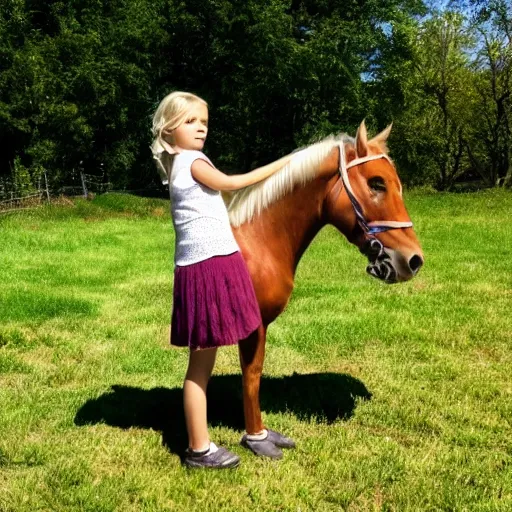 Prompt: 7 year old girl on the horse, blonde hair, polish