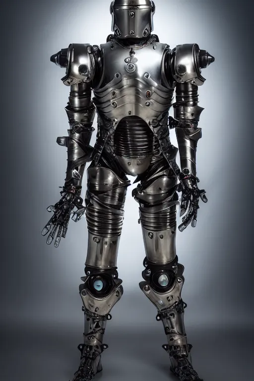 Prompt: medieval cybernetic robo - knight, symmetrical, cinematic, elegant, demonic atmosphere, professional studio light, real dlsr photography, sharp focus, made by hans giger, 4 k, ultra hd, sense of awe