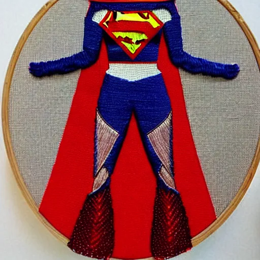 Prompt: a beautiful handmade satin stitch embroidery of a woman dressed as a superhero. hand embroidery.