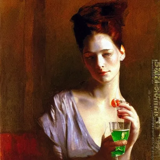 Image similar to portrait of a mysterious woman drinking a martini, by Ilya Repin and Dave McKean