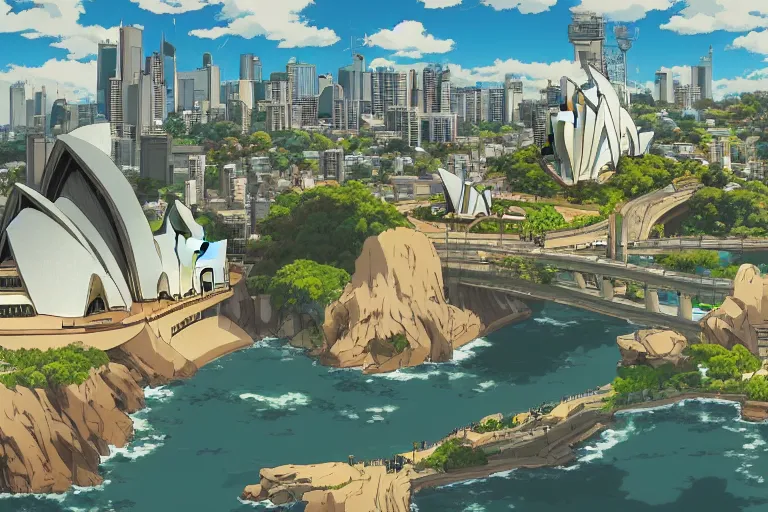 Image similar to sydney, australia. 4 k digital paint by studio ghibli hayao miyazaki. very sharp and detailed. trending on artstation and behance.