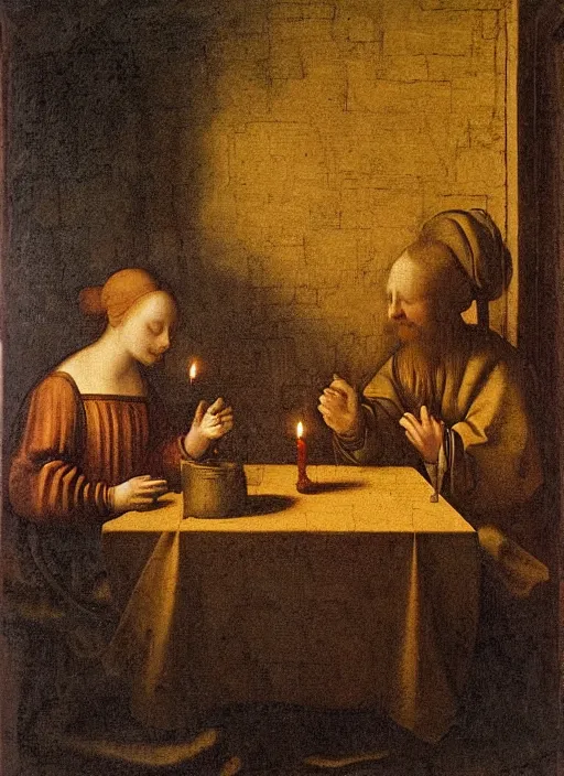 Image similar to a candlelit table at the inn, evening, dark room, two people sitting at the table, swirling smoke, dark smoke, realistic, in the style of leonardo da vinci, dutch golden age, amsterdam, medieval painting by jan van eyck, johannes vermeer, florence