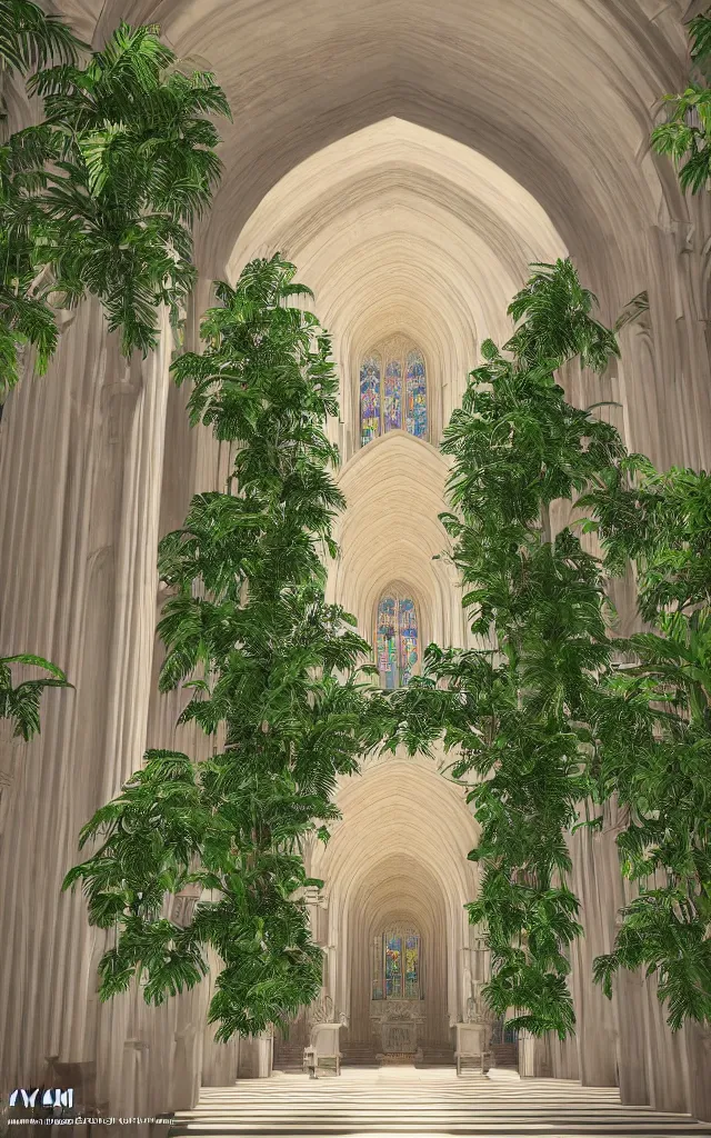 Image similar to beautiful grand cathedral interior with!! koi pond!! in the! middle! surrounded by palm trees, ivy,!! flowers!!, ( tropical plants ),!! roses!!, and with archways, rendered in octane render with photorealistic volumetric cinematic lighting, wide angle, horizontal symmetry, symmetrical! 8 k
