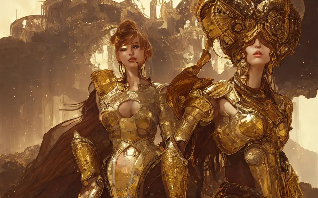 Image similar to portrait knights of zodiac girl, golden reflected armor, in ruined agora of athens, ssci - fi and fantasy, intricate and very very beautiful and elegant, highly detailed, digital painting, artstation, concept art, frostbite engine, smooth and sharp focus, illustration, art by tian zi and wlop and alphonse mucha