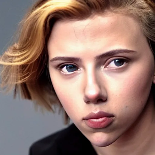 Prompt: a portrait photo of 20 year old male scarlett johansson, with a sad expression, looking forward