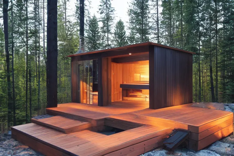 Prompt: modern backyard unique finnish sauna in a north american backyard