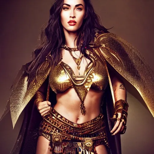 Image similar to full body photo of megan fox as a beautiful amazon warrior goddess wearing a flowing cape and golden chain mail armor, ornate jewelry, in the jungle, studio lighting, octane render, fashion photo by Arney freytag