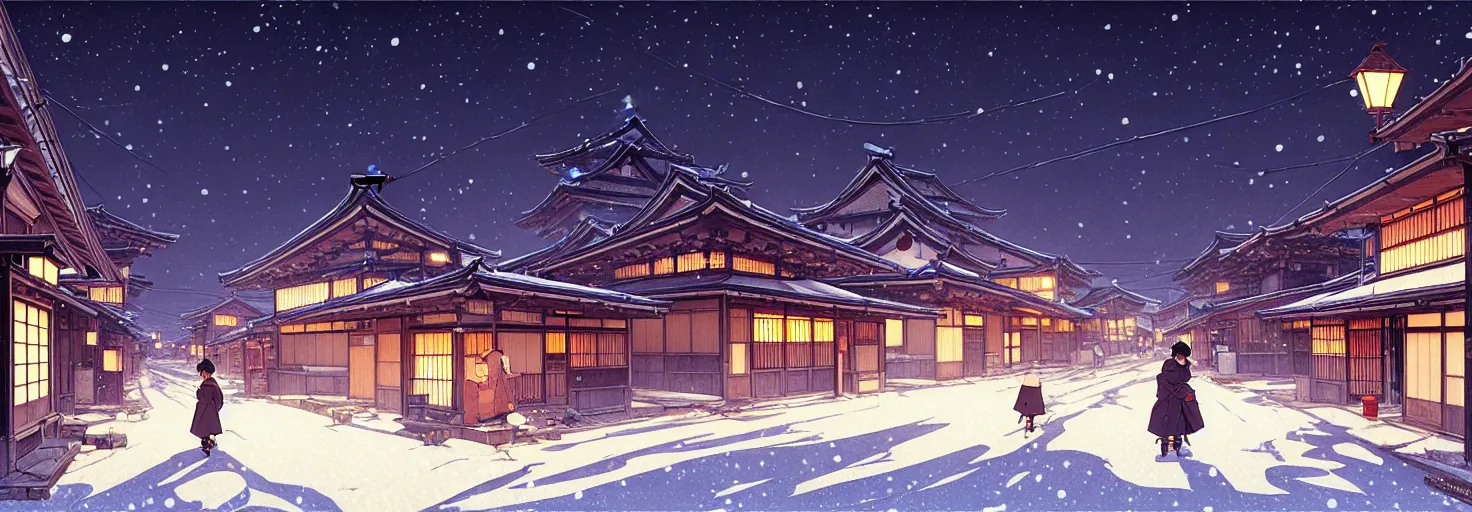 Image similar to empty rural japanese town at night, winter, in the style of studio ghibli, j. c. leyendecker, greg rutkowski, artem