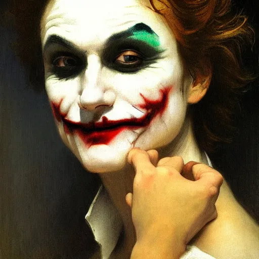 Prompt: joker, painted by bouguereau, intricate, detailed, atmospheric lighting, golden hour.