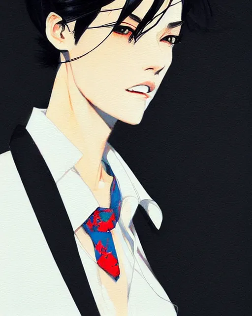 Image similar to a ultradetailed beautiful panting of a stylish woman wearing a shirt with a tie, she has black hair, by conrad roset, greg rutkowski and makoto shinkai, trending on artstation