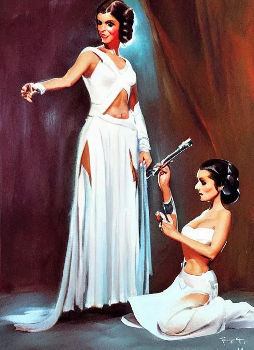 Image similar to oil painting of Princess Leia white ceremony gown by frank frazetta alluring pin up deviant art