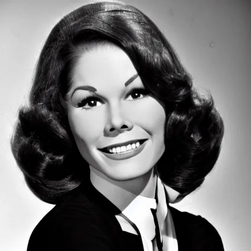 Image similar to a black and white photo of Mary Tyler Moore in her younger days while on the famous TV show she was on in the 60's.