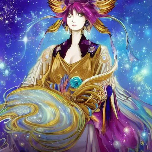 Prompt: portrait from an anime of an ethereal colorful blue starry fox peacock character accented in gold, wearing star filled magic imbued mage robes, wearing lots of gold jewelry and gems, set in observatory at night, art by yuji ikehata, background art by miyazaki with assistance from haruko ichikawa, proper human proportions, fully clothed,