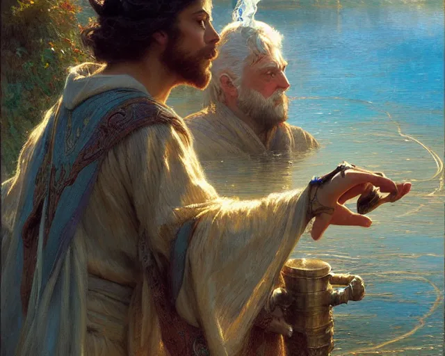 Image similar to attractive wizard casting water spell in a beautiful lake. highly detailed painting by gaston bussiere, craig mullins, j. c. leyendecker 8 k