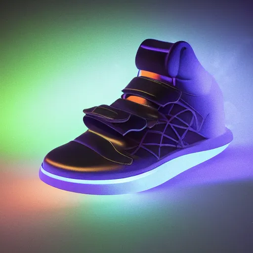 Image similar to high quality Octane 3D render of bioluminescent sneakers floating in space, emissive, bloom, volumetric, ray-tracing, bjork