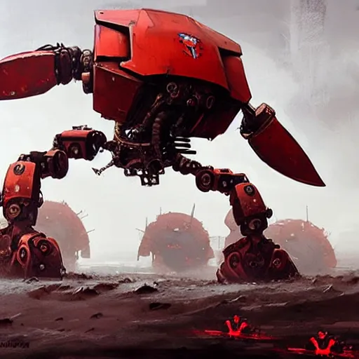 Image similar to giant red mechanical crab with cannon on its back, detailed, military robot, by greg rutkowski and jakub rozalski