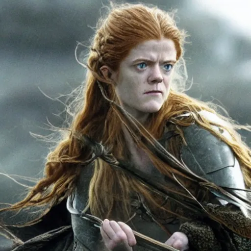 Prompt: Rose Leslie as Eowyn, Lord of the Rings, film still, high detail