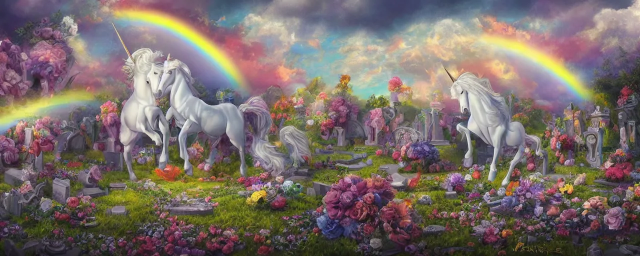 Prompt: a beautiful detailed mate painting of unicorns dancing under a rainbow on a graveyard'in the style of disney, existential horror, trending on cgsociety artstation, highly detailed, 8 k, masterpiece, super resolution.