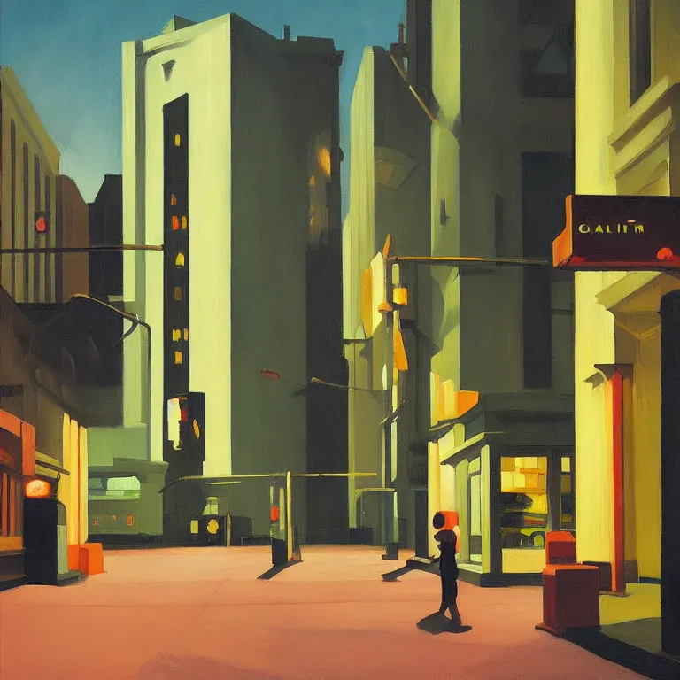 Prompt: dark city all stores cloded, except one, painted by Edward Hopper and James Gilleard, oil painting