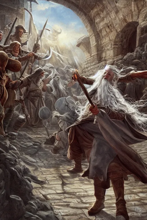 Prompt: gandalf attacks ancient athens, oil on canvas, intricate, 8 k highly professionally detailed, hdr, cgsociety