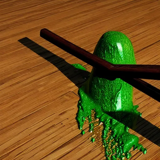 Image similar to wooden cane with green slime on it, octane render