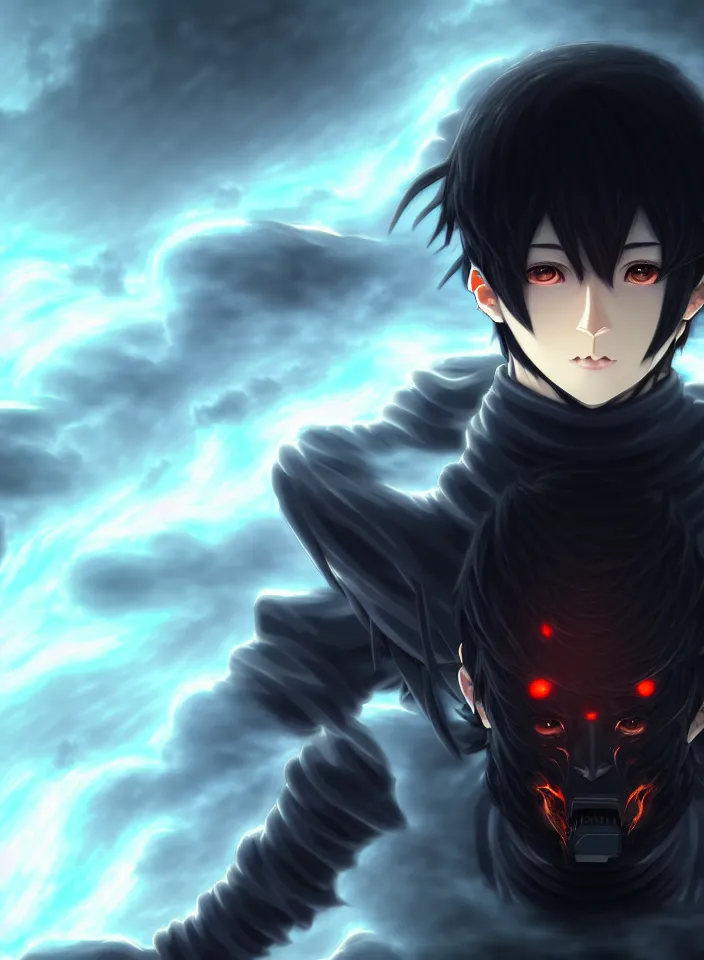 Image similar to a detailed manga illustration character full body portrait of a dark haired cyborg anime man surrounded by clouds of dark smoke and fire, trending on artstation, digital art, 4 k resolution, detailed, high quality, sharp focus, hq artwork, insane detail, concept art, character concept, character illustration, full body illustration, cinematic, dramatic lighting