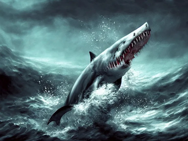 Image similar to dramatic painting of a bloodthirsty horrifying shark underwater in a desolate apocalyptic ocean, hyperrealistic, dark surrealism, digital art, artstation